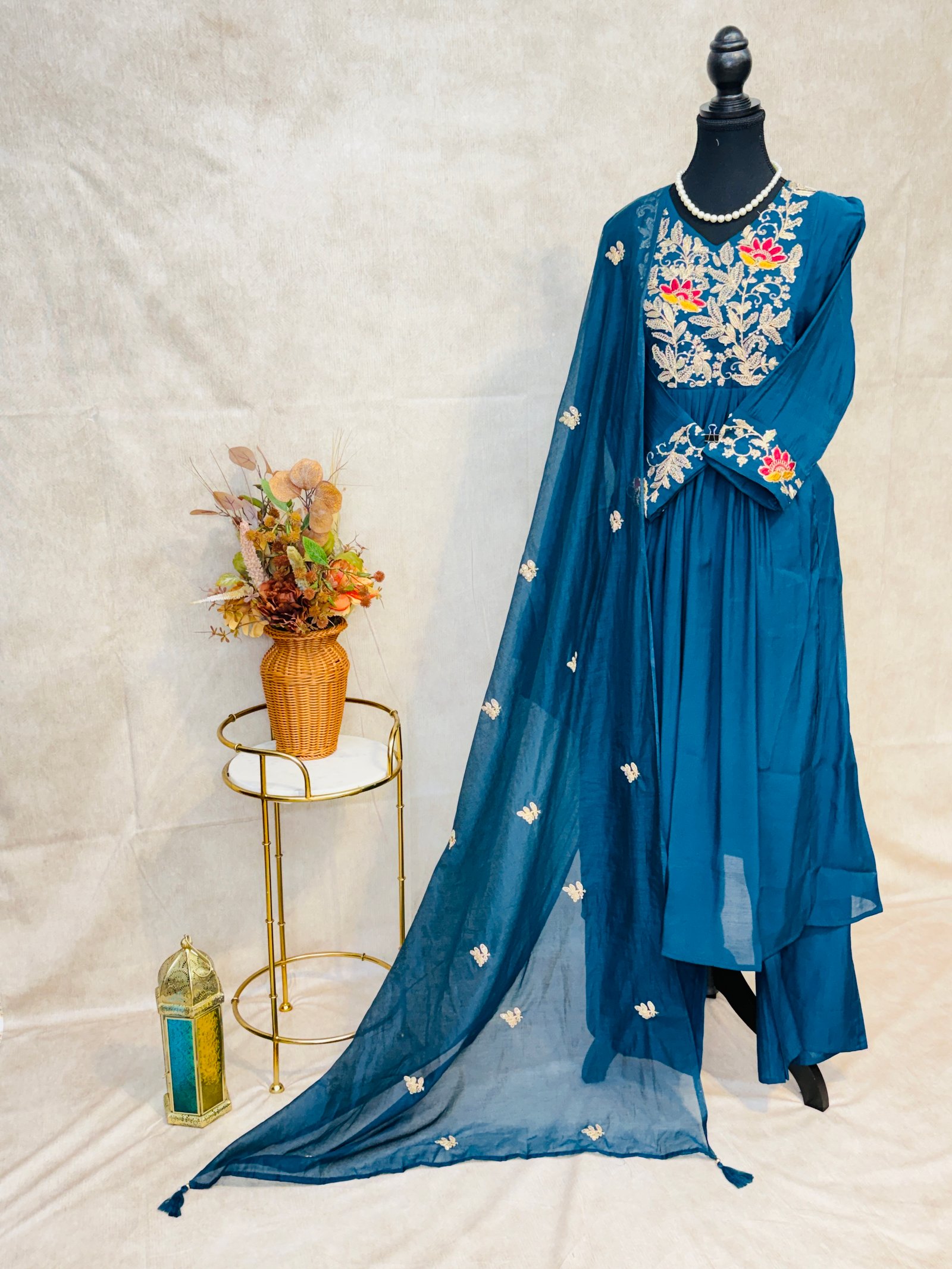 Royal Teal Blue Floral Embroidered Suit Set